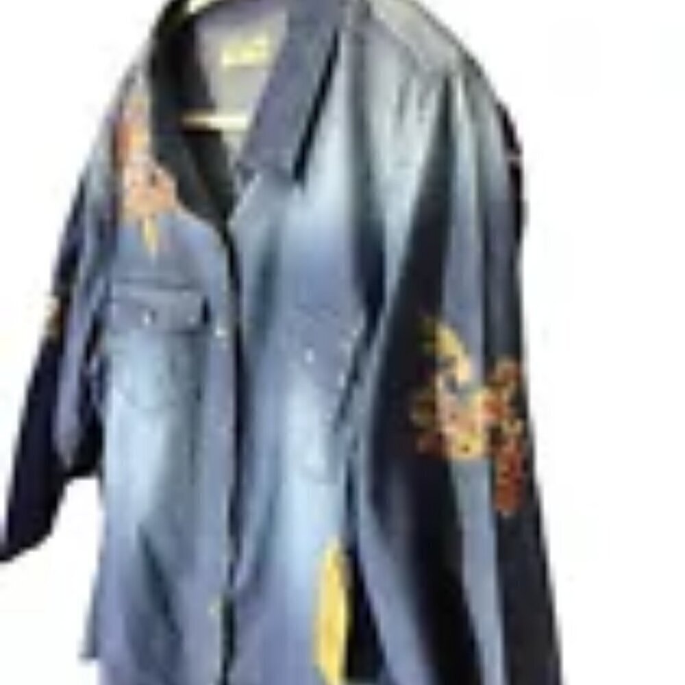Ruff Hewn Denim Shirt Size L Button Dwn Pearl Buttn Embroidered Floral Womens - Picture 2 of 7